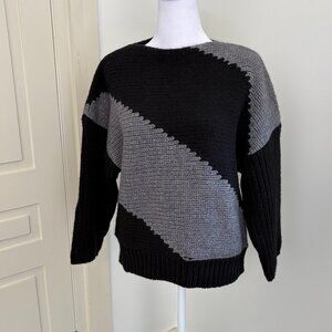 Chunky Knit Black and Gray Diagonal Colorblock Sweater, Small, by Elan, NWT